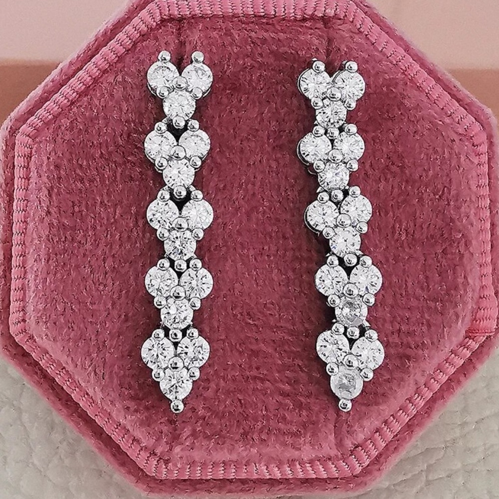 NEW 925 STERLING SILVER DIAMOND LONG HOOP EARRINGS - Picture 2 of 5